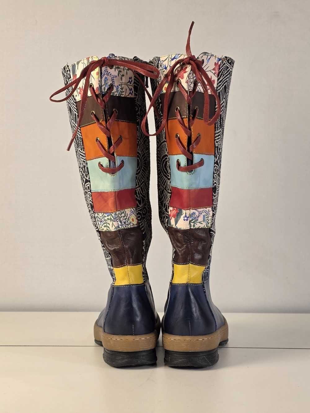 Socofy Size 41 / US 10 Boho Patchwork Tall Lace-Up Boots Floral